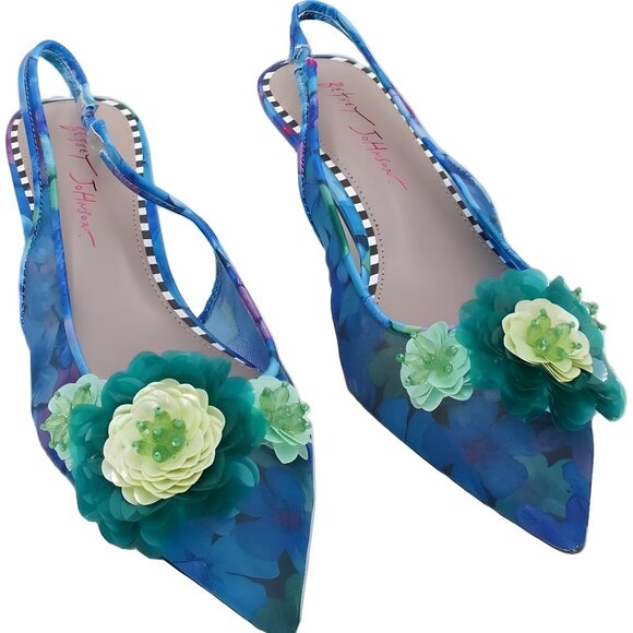 Betsey Johnson Audree Floral Mesh Slingback Kitten Heel Pumps Blue US 8.5M - Picture 1 of 6